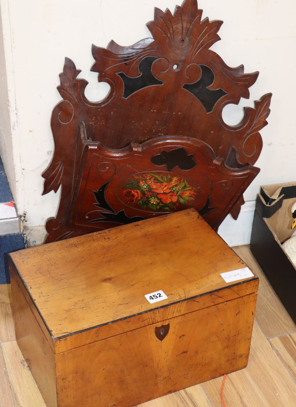 A satinwood 19th century box and a carved walnut magazine rack